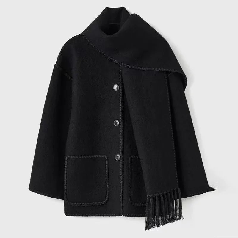 2024 Autumn Winter New Women'S Fashion Woolen Coat Thick Loose with Scarf Tassel Casual Warm