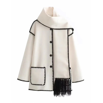 2024 Autumn Winter New Women'S Fashion Woolen Coat Thick Loose with Scarf Tassel Casual Warm